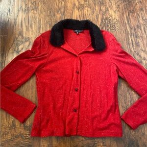 Vintage 90s y2k my michelle red sweater with fur collar cardigan top.